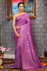 Captivating Purple Kanjivaram Silk Saree With Ravishing Blouse Piece - Colorful Saree