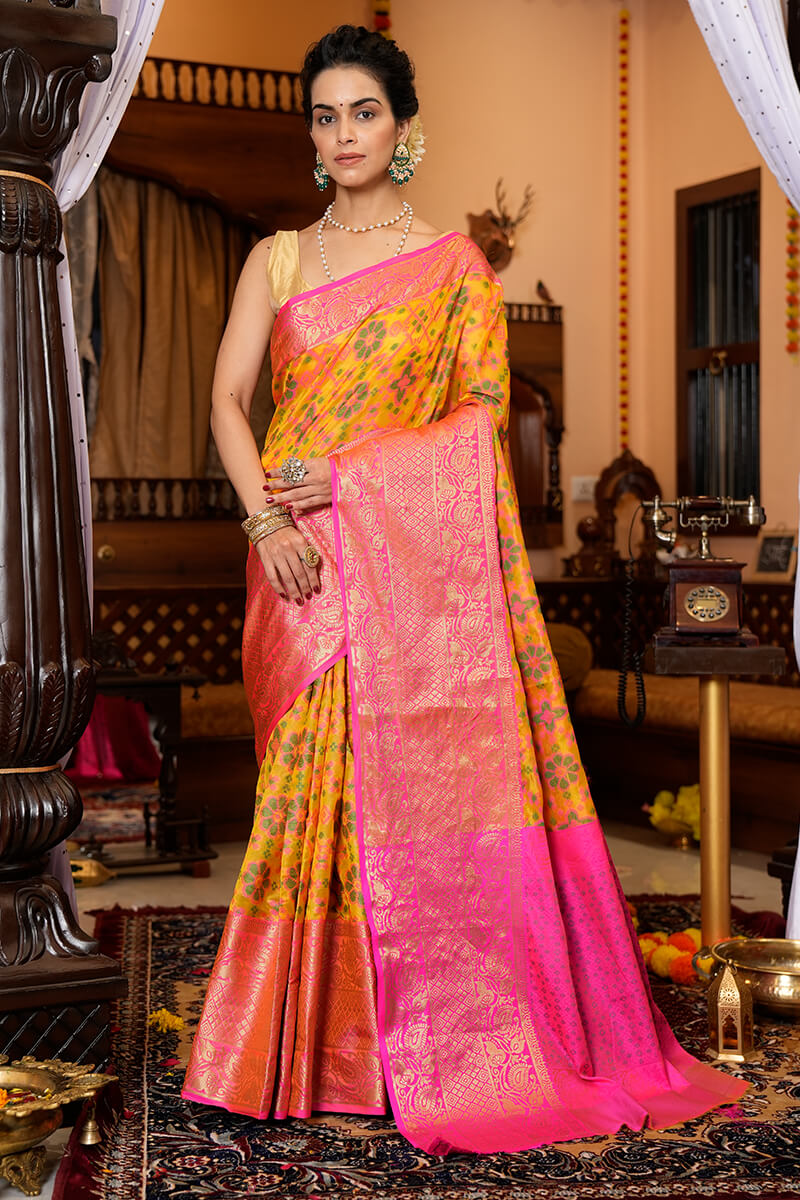 Groovy Yellow Organza Silk Saree With Prodigal Blouse Piece - Colorful Saree