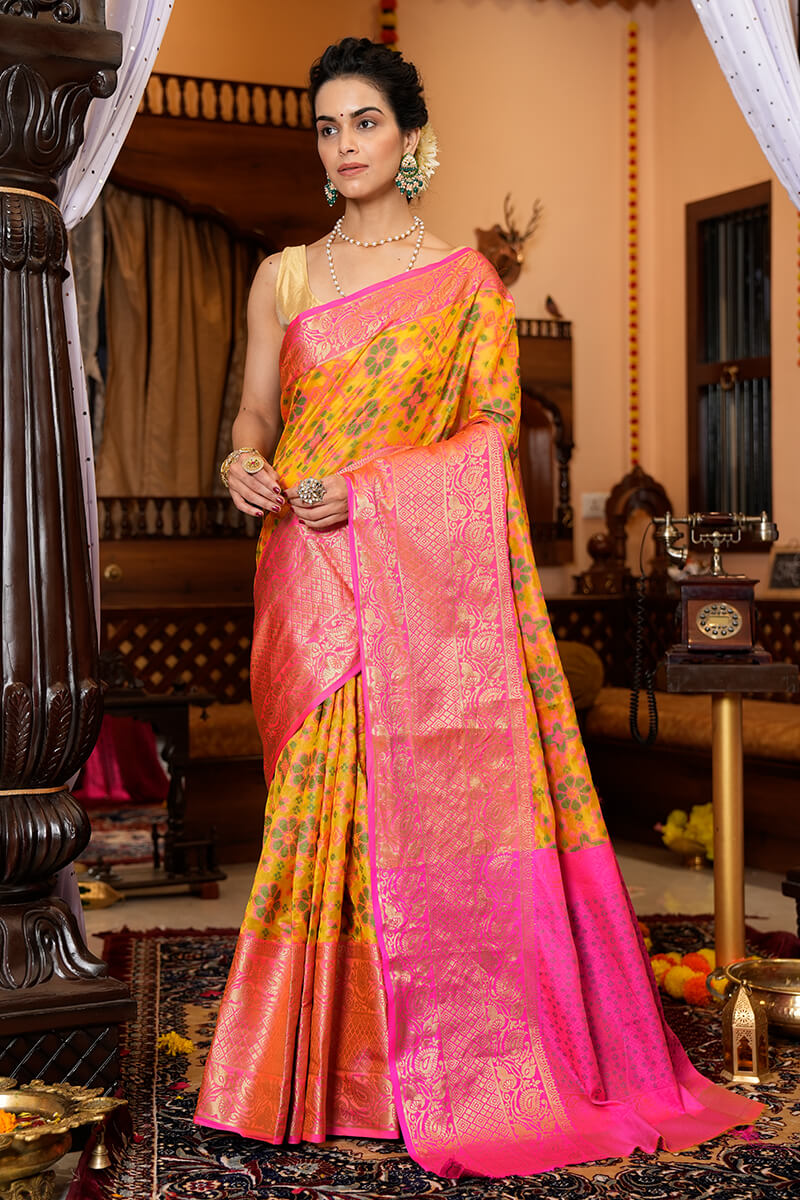 Groovy Yellow Organza Silk Saree With Prodigal Blouse Piece - Colorful Saree