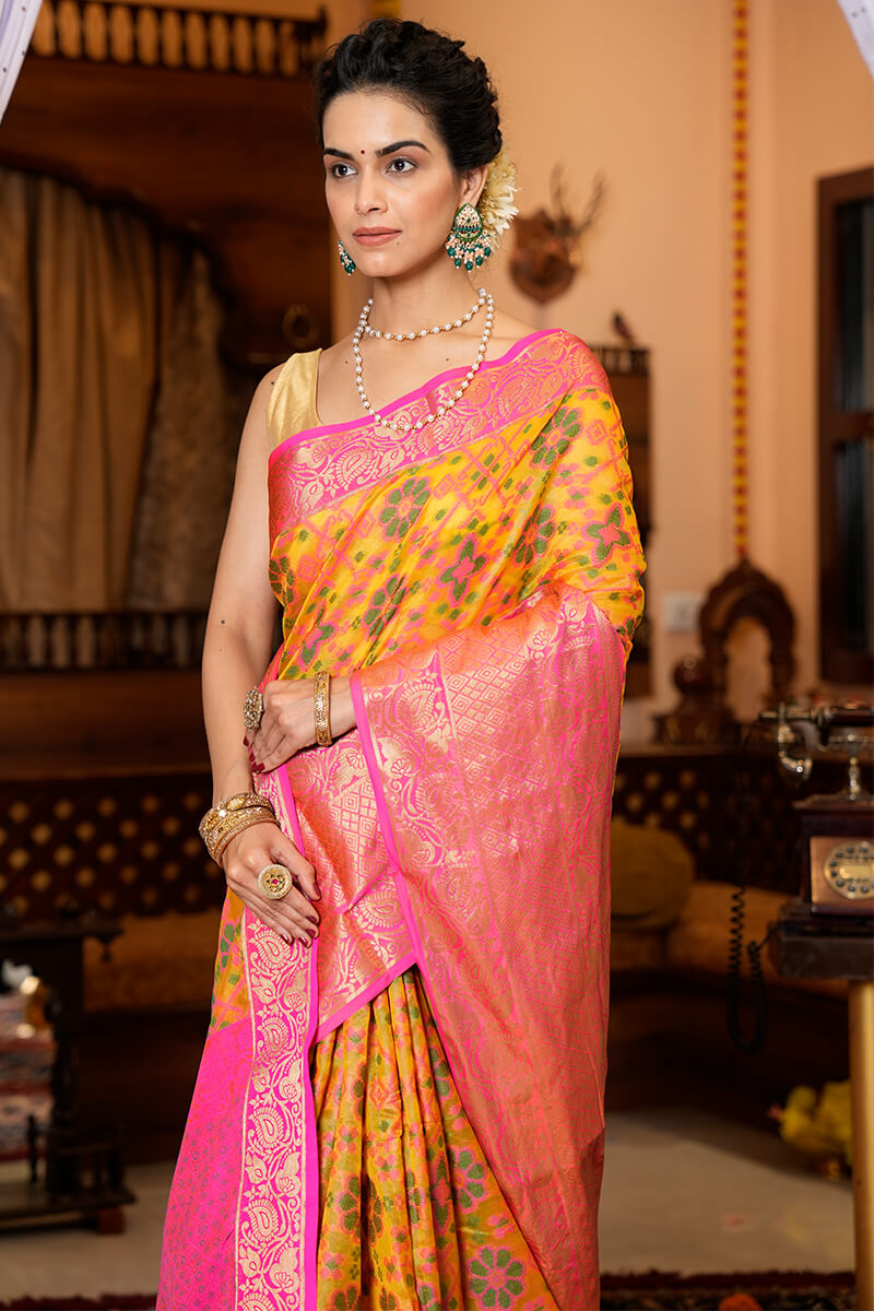 Groovy Yellow Organza Silk Saree With Prodigal Blouse Piece - Colorful Saree