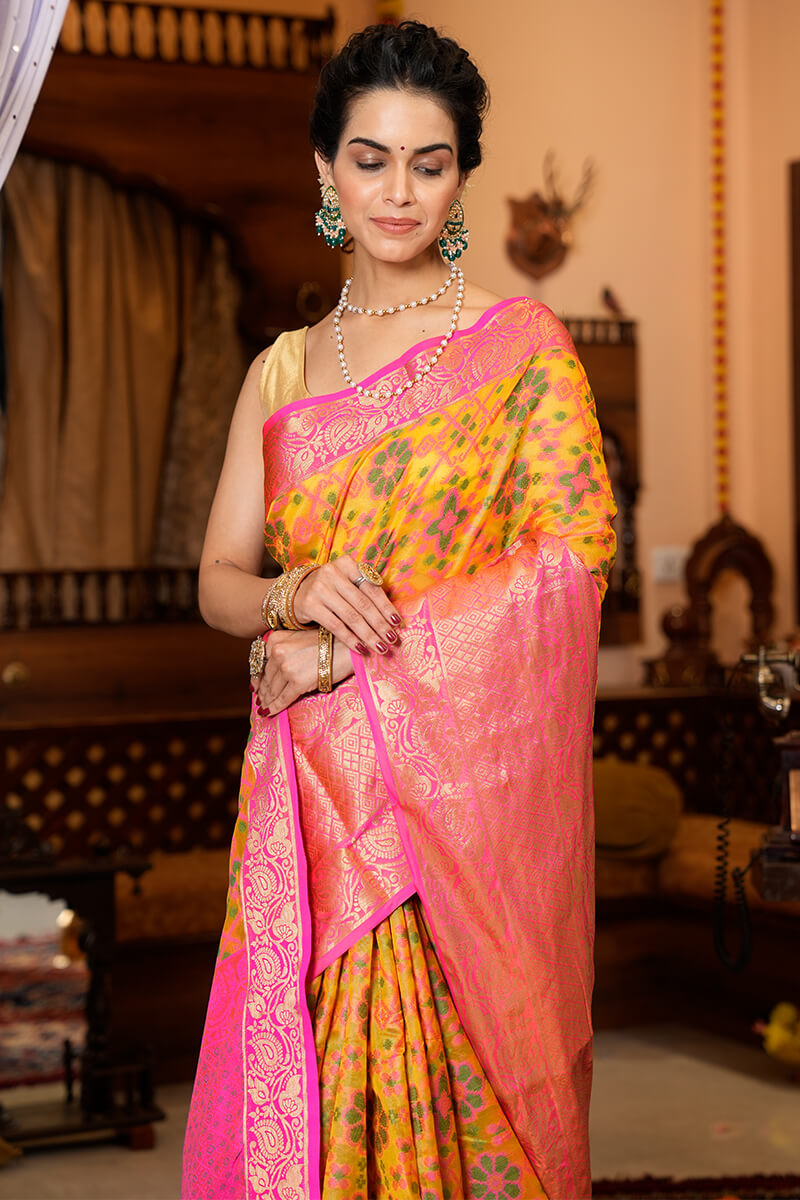 Groovy Yellow Organza Silk Saree With Prodigal Blouse Piece - Colorful Saree