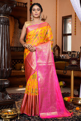 Prominent Yellow Organza Silk Saree With Snappy Blouse Piece - Colorful Saree