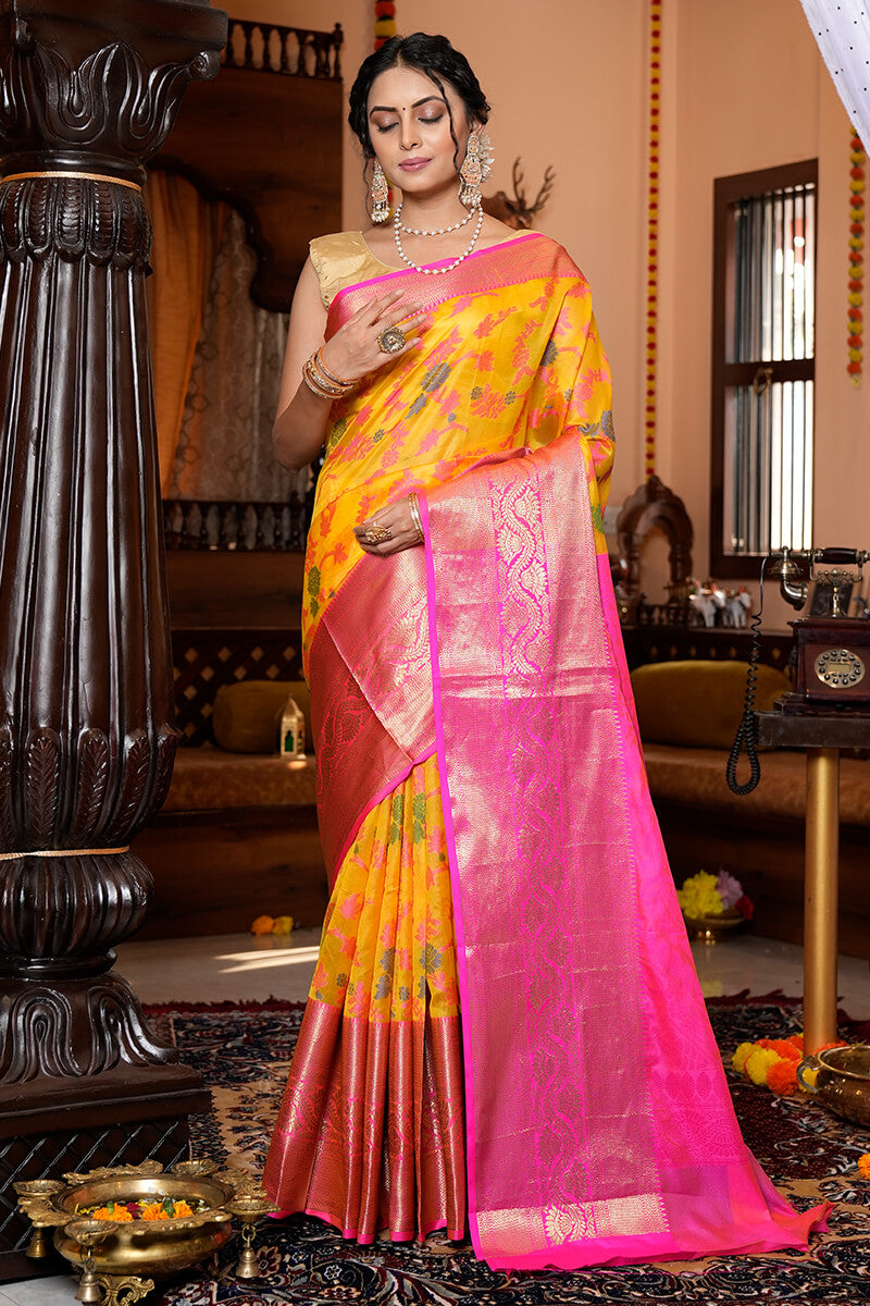 Prominent Yellow Organza Silk Saree With Snappy Blouse Piece - Colorful Saree