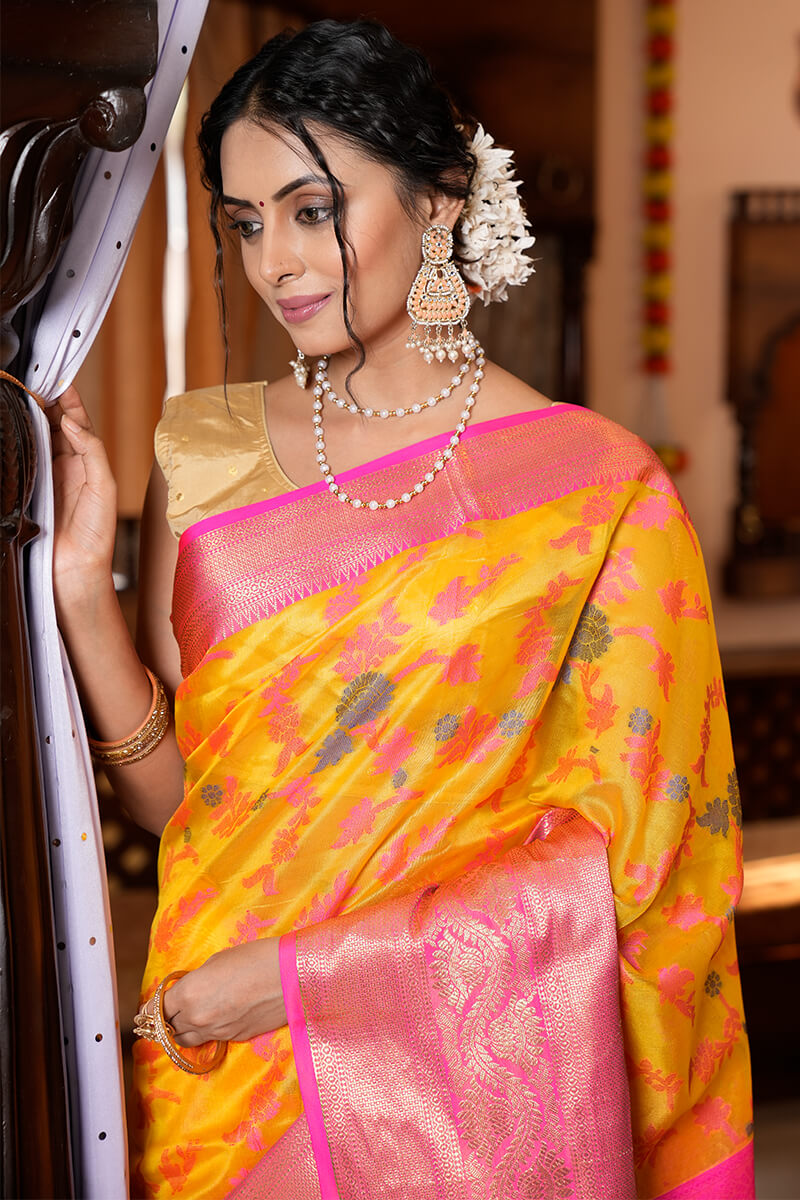 Prominent Yellow Organza Silk Saree With Snappy Blouse Piece - Colorful Saree