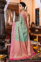 Majesty Firozi Organza Silk Saree With Palimpsest Blouse Piece - Colorful Saree
