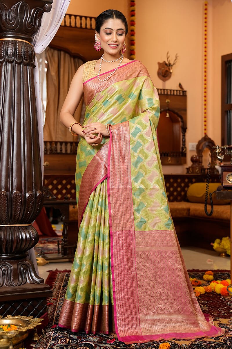 Blissful Green Organza Silk Saree With Redolent Blouse Piece - Colorful Saree