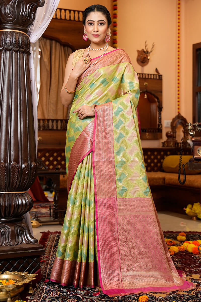 Blissful Green Organza Silk Saree With Redolent Blouse Piece - Colorful Saree