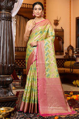 Blissful Green Organza Silk Saree With Redolent Blouse Piece - Colorful Saree