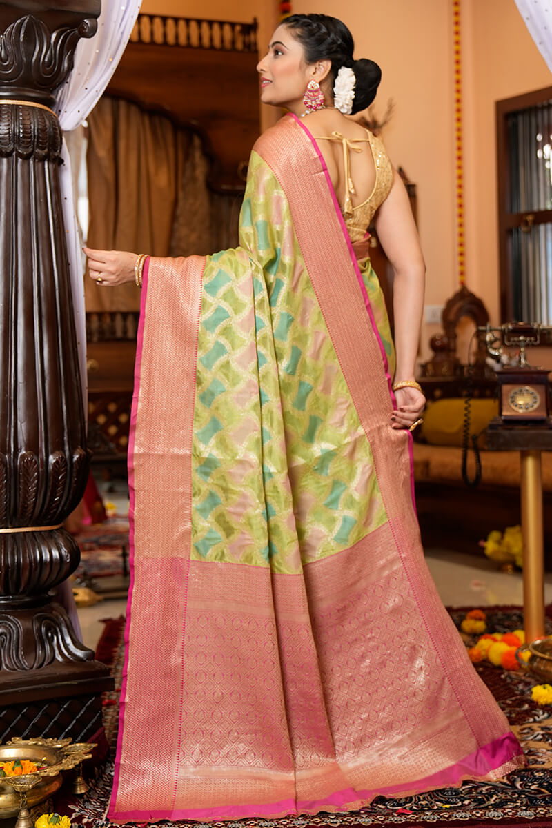 Blissful Green Organza Silk Saree With Redolent Blouse Piece - Colorful Saree