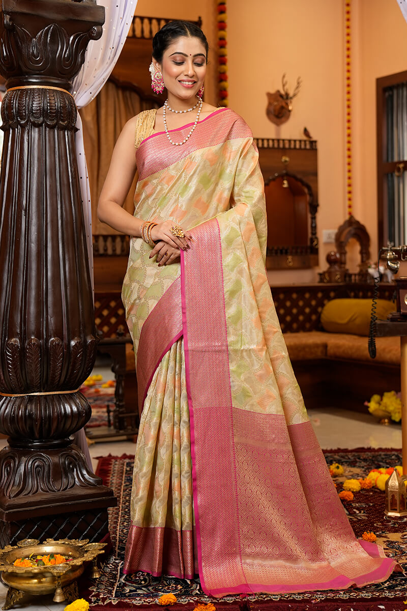 Prettiest Pista Organza Silk Saree With Twirling Blouse Piece - Colorful Saree