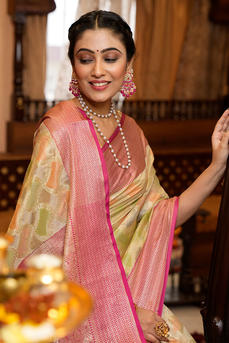 Prettiest Pista Organza Silk Saree With Twirling Blouse Piece - Colorful Saree