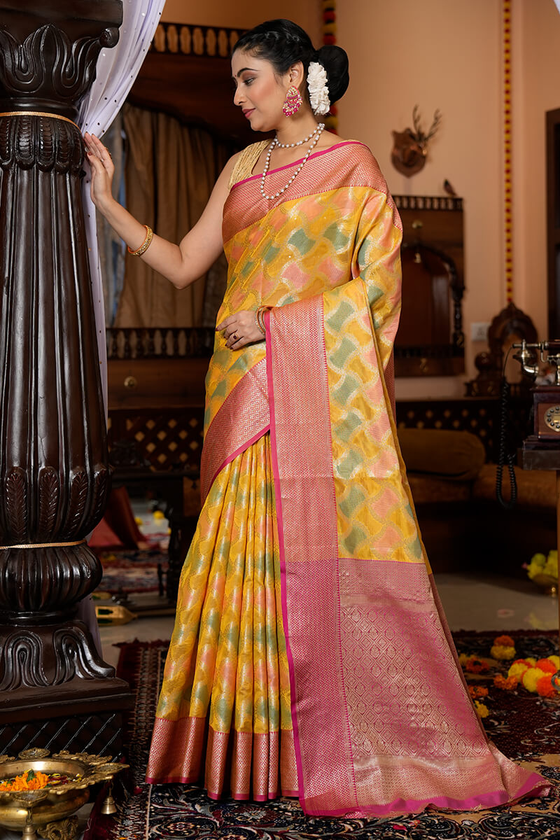 Entrancing Yellow Organza Silk Saree With Glittering Blouse Piece - Colorful Saree