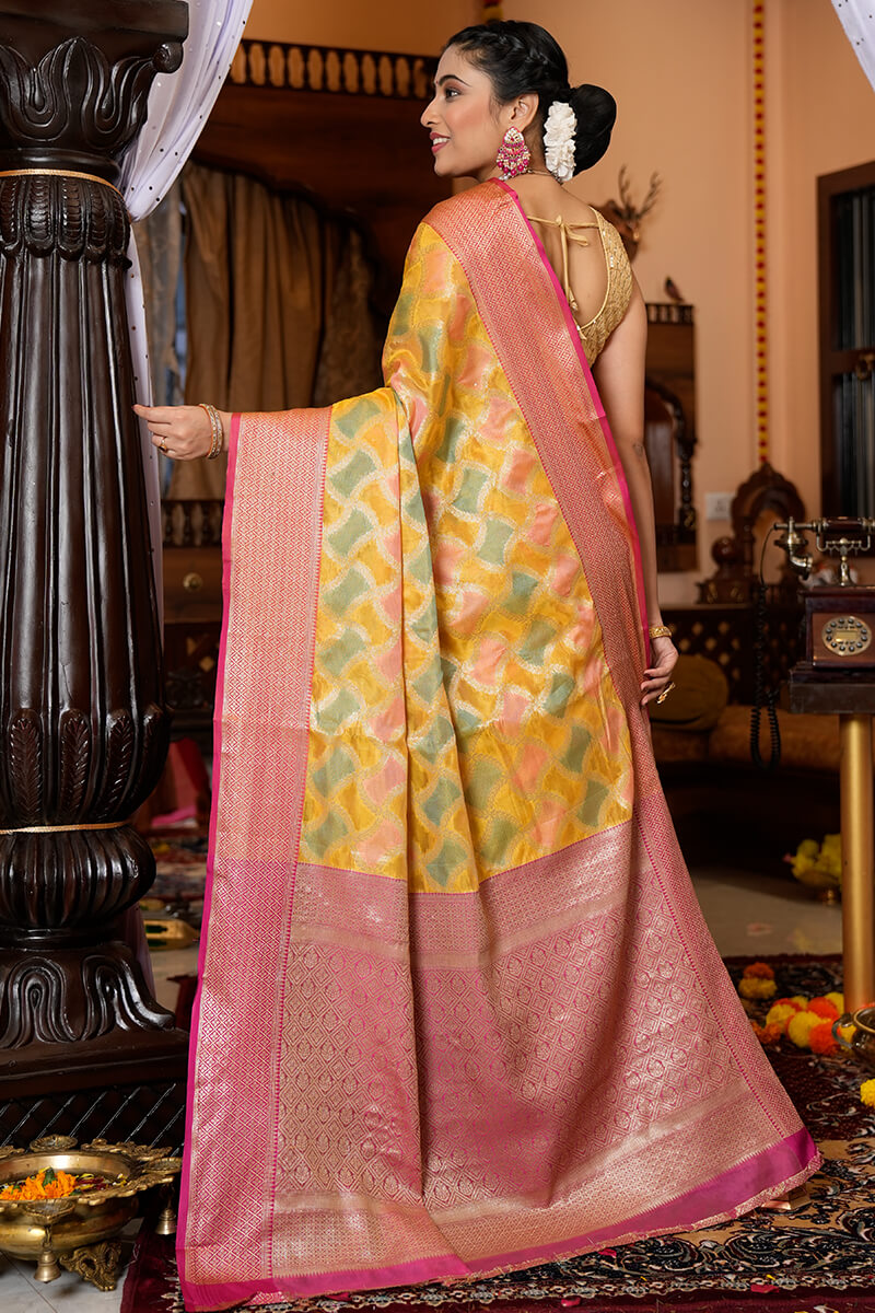 Entrancing Yellow Organza Silk Saree With Glittering Blouse Piece - Colorful Saree