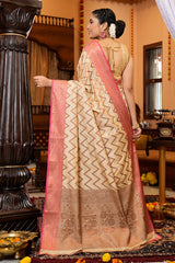 Most Flattering Beige Soft Banarasi Silk Saree With Super Blouse Piece - Colorful Saree