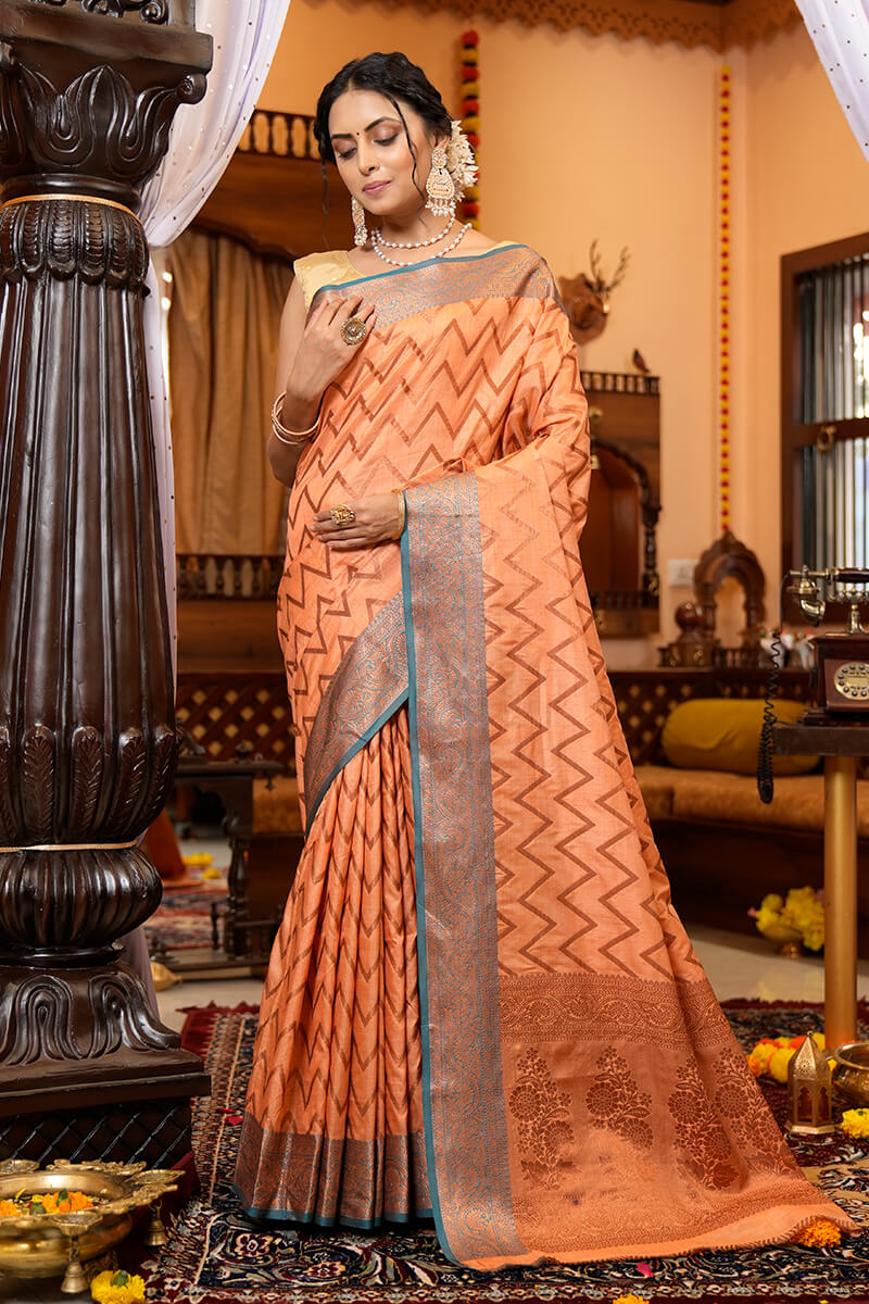 Ideal Peach Soft Banarasi Silk Saree With Admirable Blouse Piece - Colorful Saree