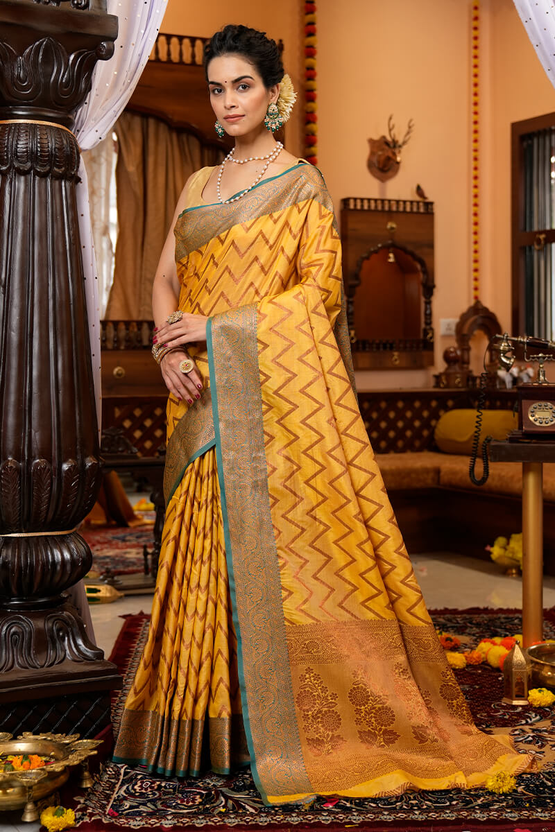 Bucolic Yellow Soft Banarasi Silk Saree With Lissome Fairytale Piece - Colorful Saree