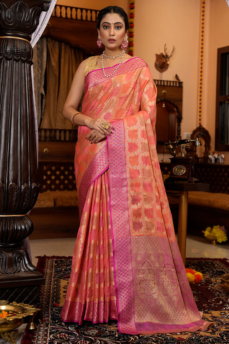 Exceptional Pink Organza Silk Saree With Prominent Blouse Piece - Colorful Saree