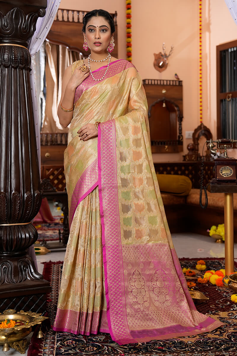 Mesmeric Pista Organza Silk Saree With Flamboyant Blouse Piece - Colorful Saree