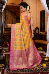 Pleasant Yellow Organza Silk Saree With Flameboyant Blouse Piece - Colorful Saree