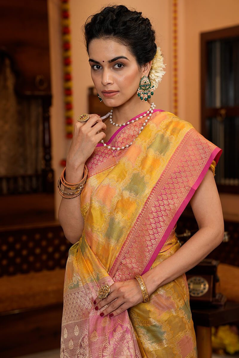 Pleasant Yellow Organza Silk Saree With Flameboyant Blouse Piece - Colorful Saree