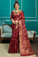 Stunner Maroon Soft Banarasi Silk Saree With Classic Blouse Piece - Colorful Saree