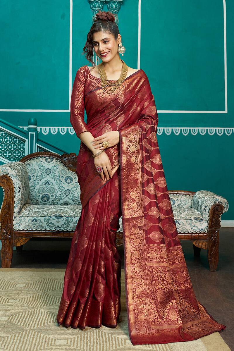 Stunner Maroon Soft Banarasi Silk Saree With Classic Blouse Piece - Colorful Saree