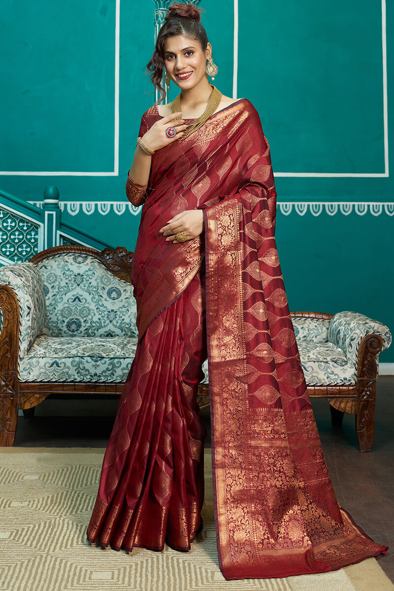 Stunner Maroon Soft Banarasi Silk Saree With Classic Blouse Piece - Colorful Saree