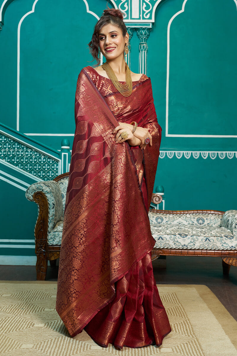 Stunner Maroon Soft Banarasi Silk Saree With Classic Blouse Piece - Colorful Saree