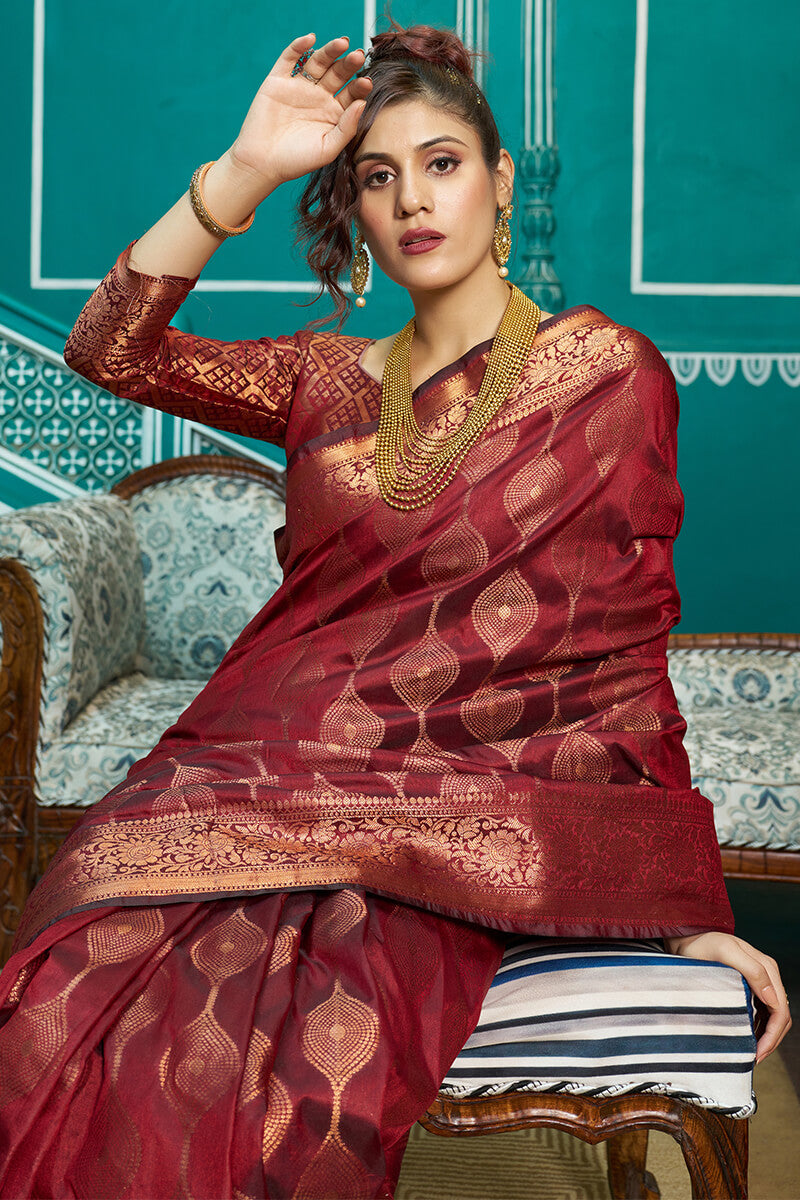 Stunner Maroon Soft Banarasi Silk Saree With Classic Blouse Piece - Colorful Saree