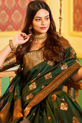 Traditional Dark Green Soft Banarasi Silk Saree With Ideal Blouse Piece - Colorful Saree