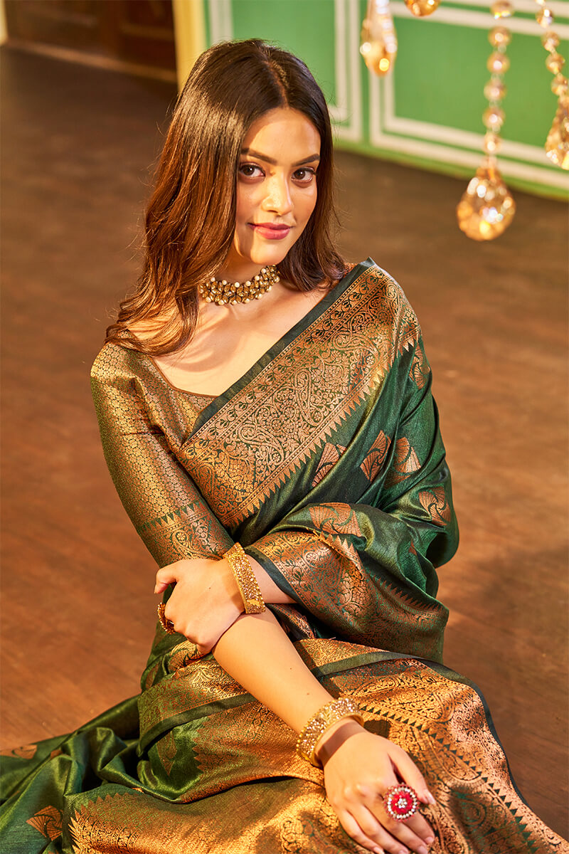 Traditional Dark Green Soft Banarasi Silk Saree With Ideal Blouse Piece - Colorful Saree