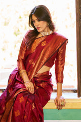 Comely Maroon Soft Banarasi Silk Saree With Excellent Blouse Piece - Colorful Saree