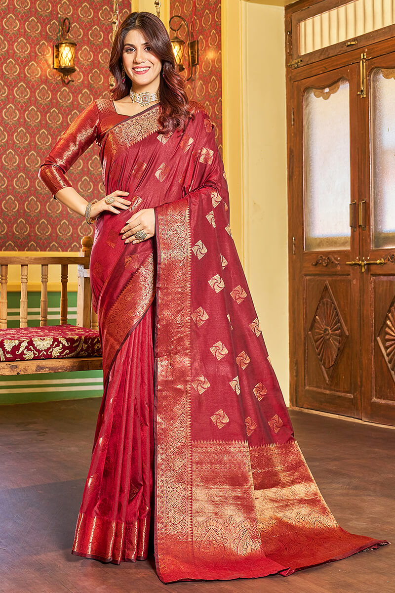 Comely Maroon Soft Banarasi Silk Saree With Excellent Blouse Piece - Colorful Saree