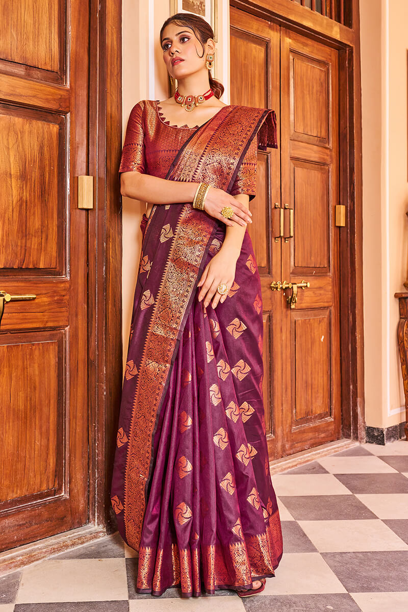 Cynosure Purple Soft Banarasi Silk Saree With Brood Blouse Piece - Colorful Saree