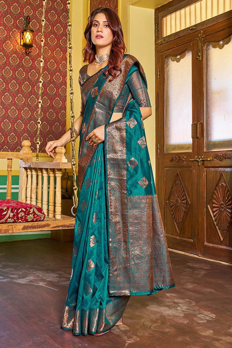 Dalliance Rama Soft Banarasi Silk Saree With Ebullience Blouse Piece - Colorful Saree