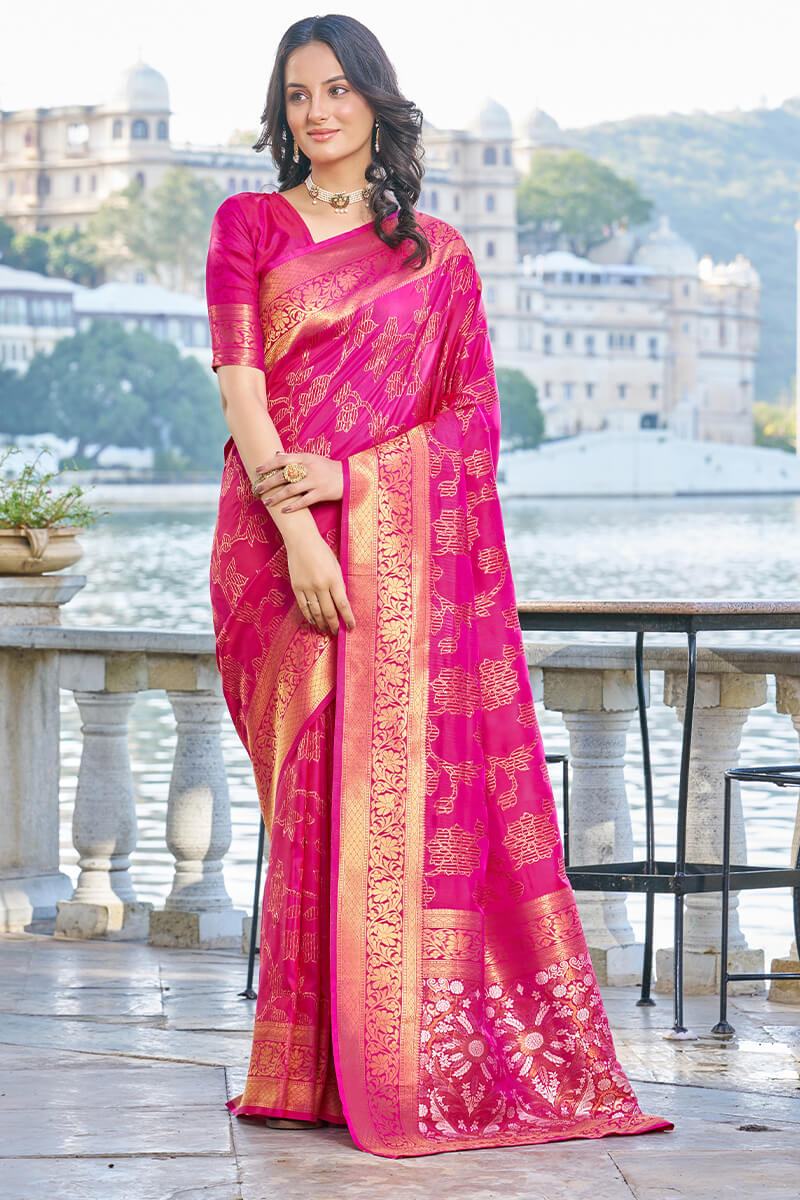 Smart Dark Pink Kanjivaram Silk Saree With Ailurophile Blouse Piece - Colorful Saree