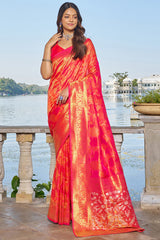 Surpassing Pink Kanjivaram Silk Saree With Embrocation Blouse Piece - Colorful Saree