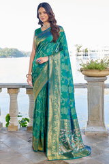 Jazzy Rama Kanjivaram Silk Saree With Engaging Blouse Piece - Colorful Saree