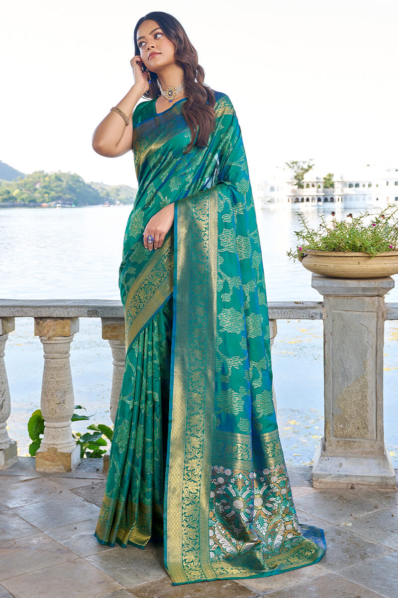 Jazzy Rama Kanjivaram Silk Saree With Engaging Blouse Piece - Colorful Saree