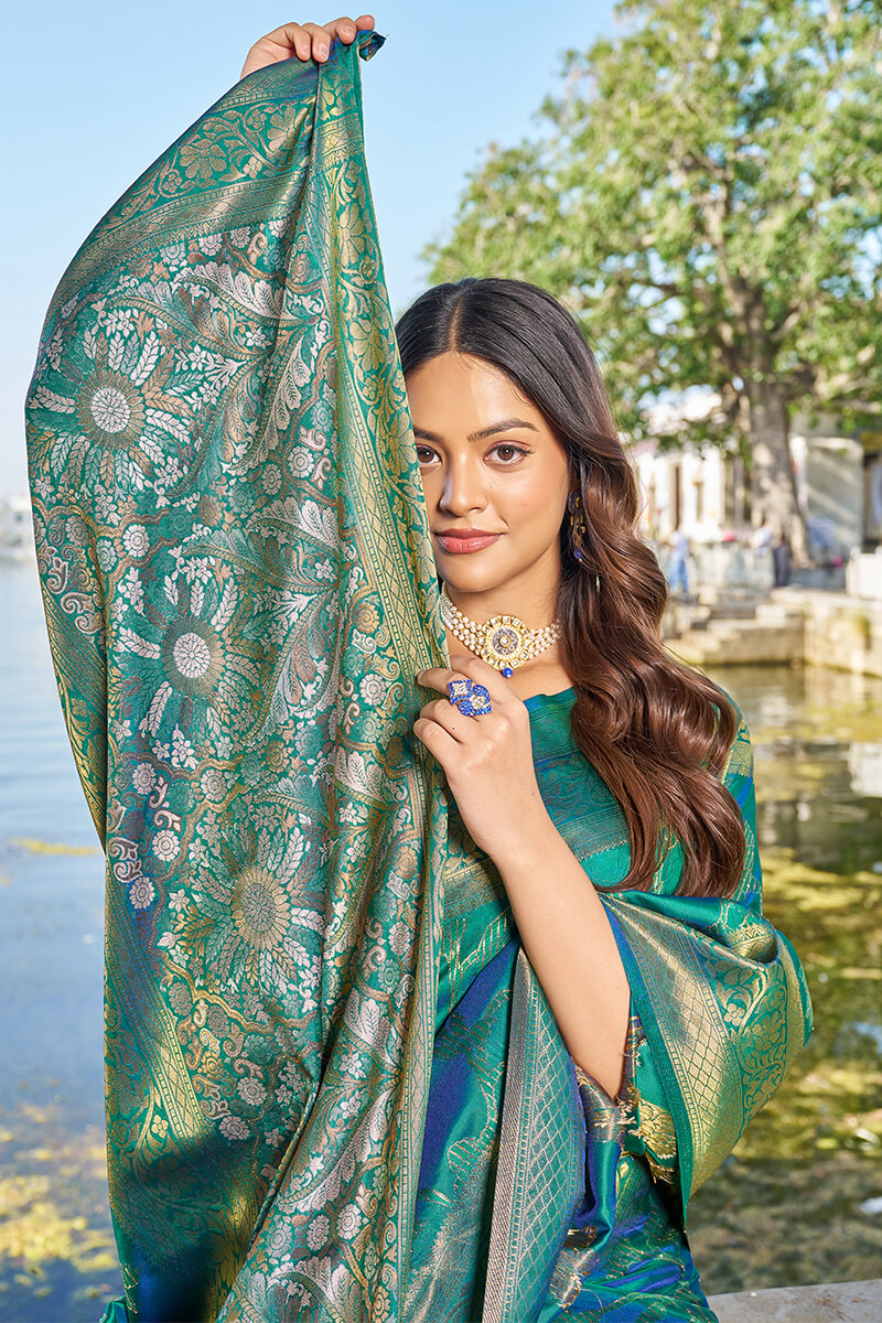 Jazzy Rama Kanjivaram Silk Saree With Engaging Blouse Piece - Colorful Saree