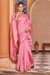 Forbearance Baby Pink Linen Cotton Silk Saree With Lassitude Blouse Piece - Colorful Saree