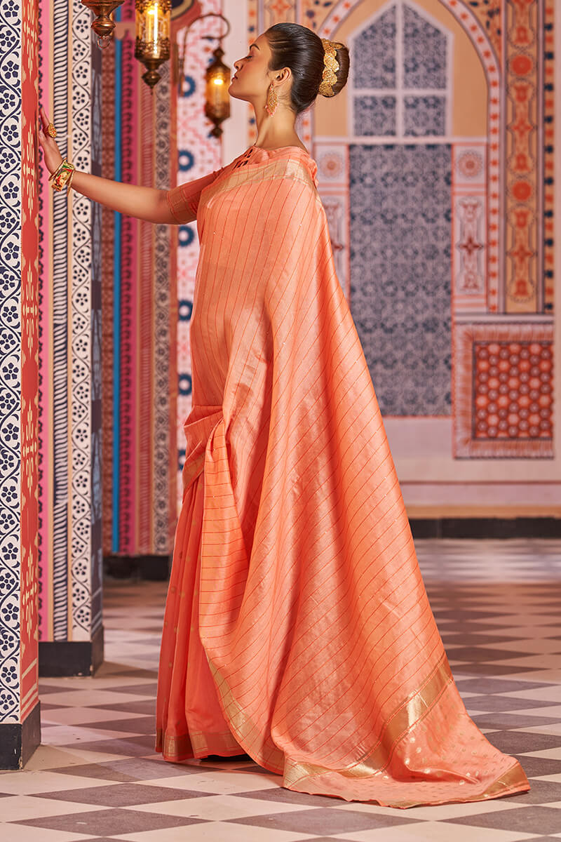 Redolent Orange Linen Cotton Silk Saree With Vestigial Blouse Piece - Colorful Saree