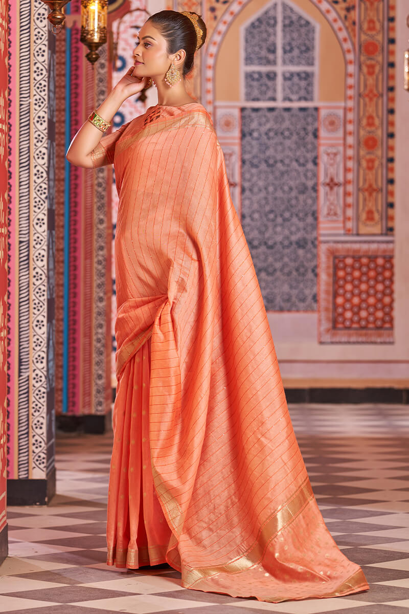 Redolent Orange Linen Cotton Silk Saree With Vestigial Blouse Piece - Colorful Saree