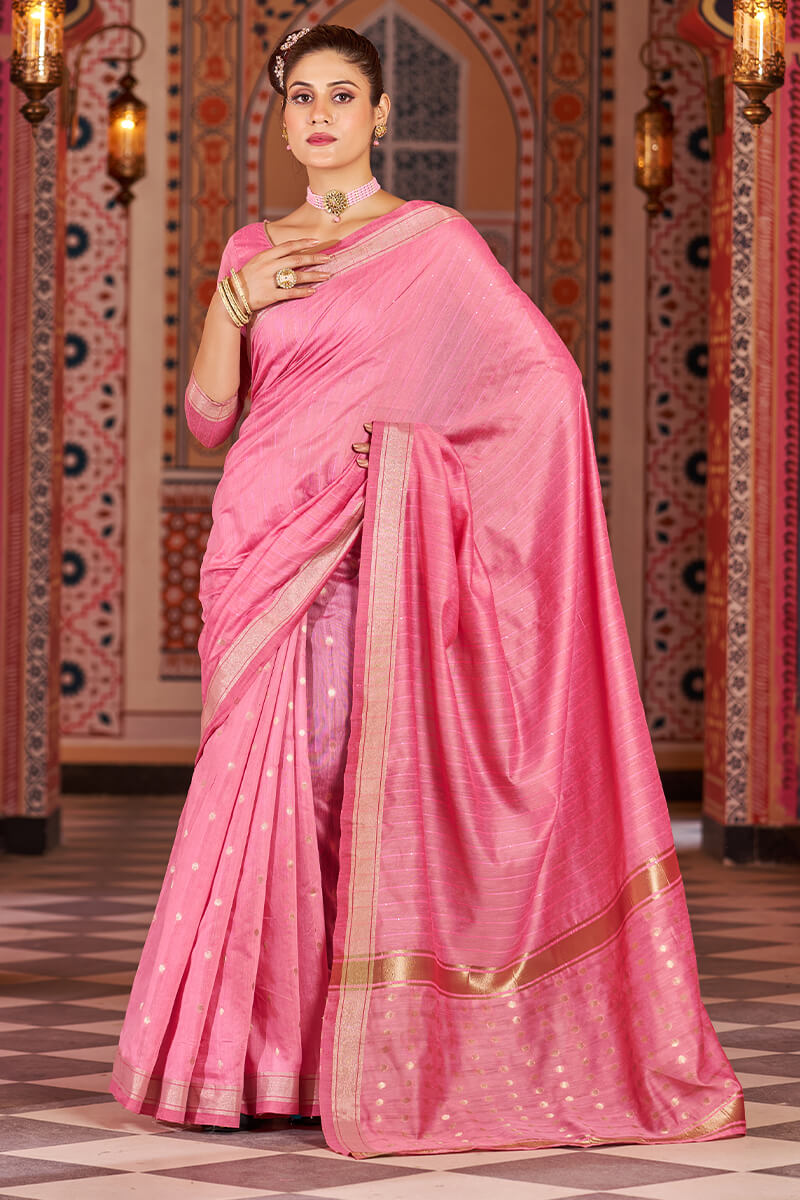 Sempiternal Pink Linen Cotton Silk Saree With Denouement Blouse Piece - Colorful Saree