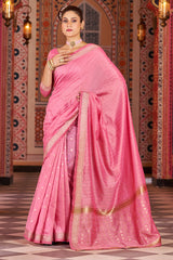 Sempiternal Pink Linen Cotton Silk Saree With Denouement Blouse Piece - Colorful Saree