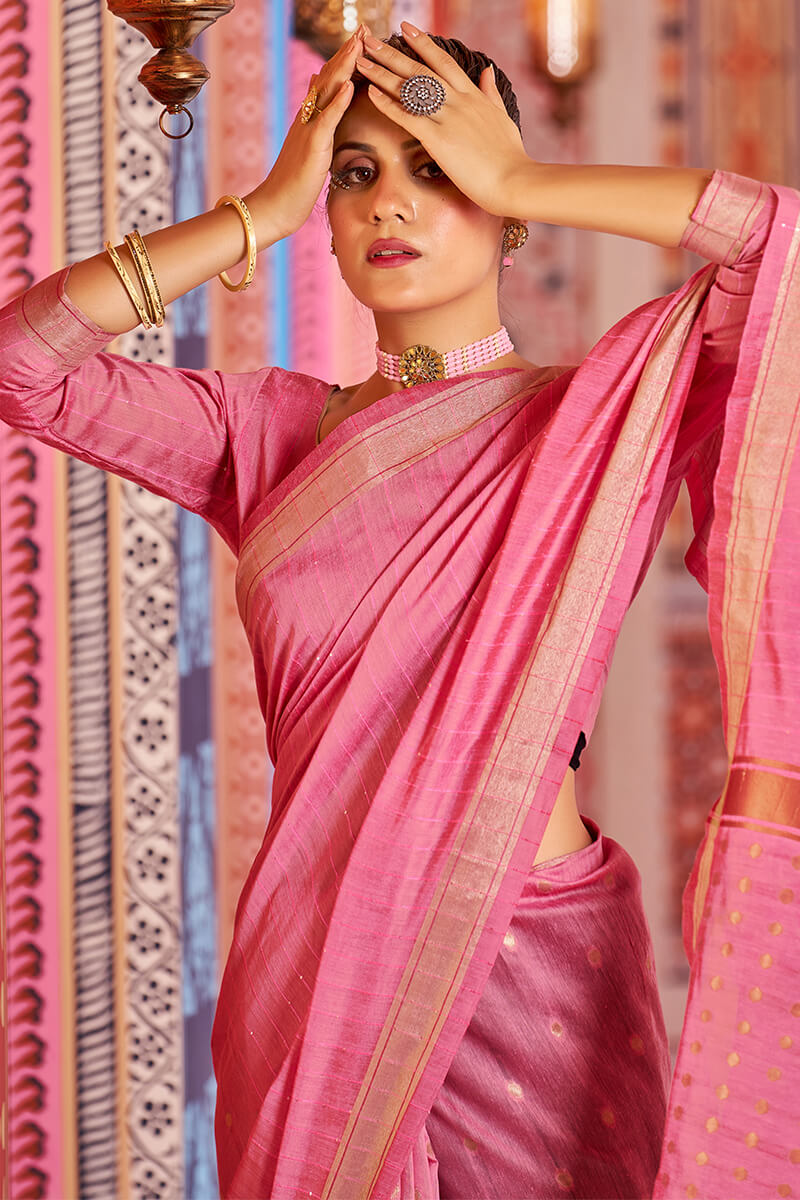 Sempiternal Pink Linen Cotton Silk Saree With Denouement Blouse Piece - Colorful Saree