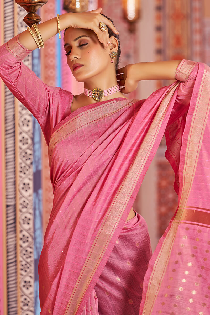 Sempiternal Pink Linen Cotton Silk Saree With Denouement Blouse Piece - Colorful Saree
