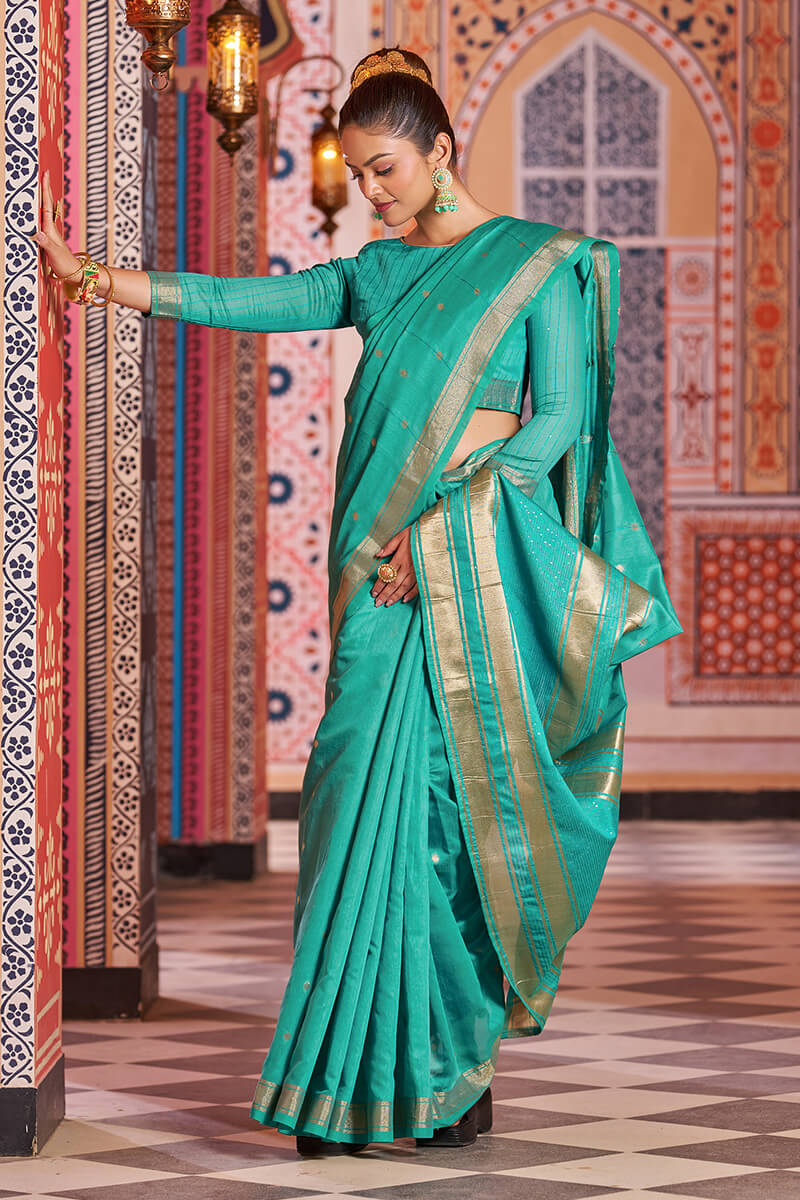 Engaging Rama Linen Cotton Silk Saree With Lagniappe Blouse Piece - Colorful Saree