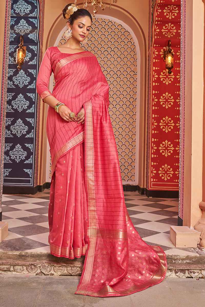 Symmetrical Tomato Linen Cotton Silk Saree With Scrumptious Blouse Piece - Colorful Saree