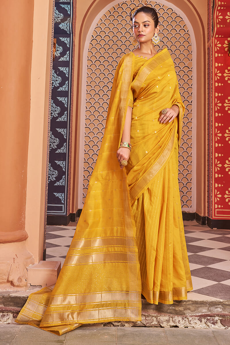 Fantabulous Yellow Linen Cotton Silk Saree With Luxuriant Blouse Piece - Colorful Saree